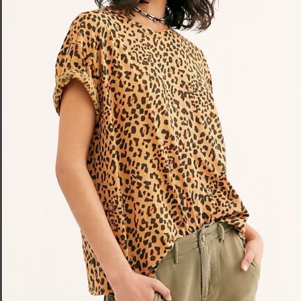 We The Free Leopard Print “Clarity” Short Sleeve Tee in Tan and Black